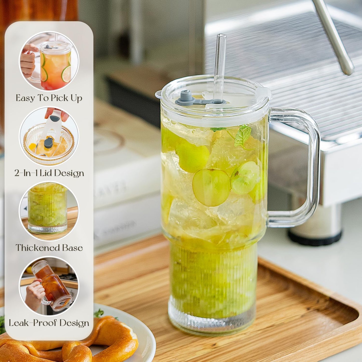 KEMORELA Large 26oz Clear Glass Mug with Handle and Sliding Lid – Aesthetic Ribbed Tumbler for Iced Coffee, Smoothies & Hot Drinks – Reusable Travel Cup with Straw, Dishwasher Safe (Ribbed Tumbler)