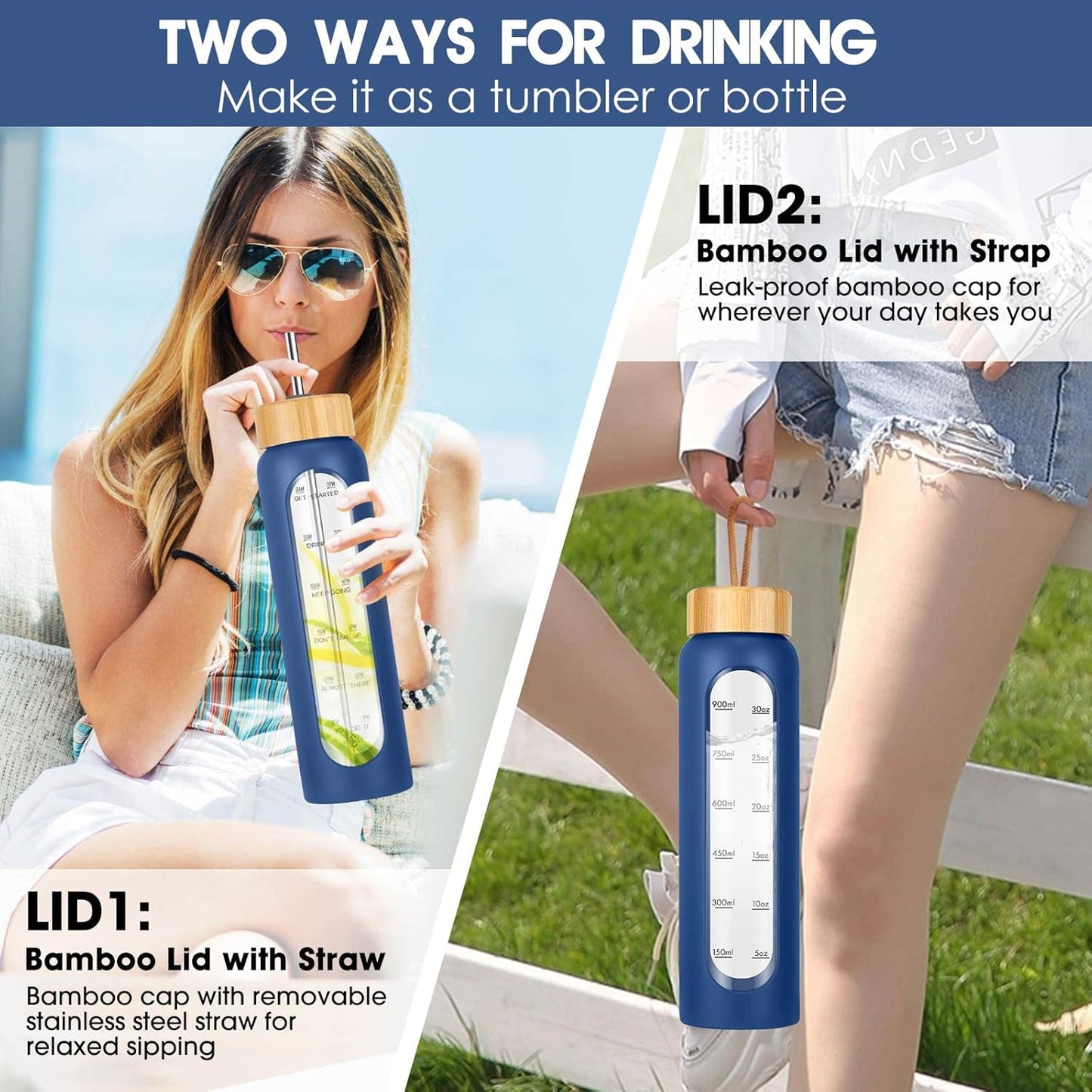 SipZest 32 oz Glass Water Bottle with Straw - Motivational Time Marker & Silicone Sleeve - Reusable Tumbler Includes 2 Bamboo Lids & Fruit Infuser - 1 Pack