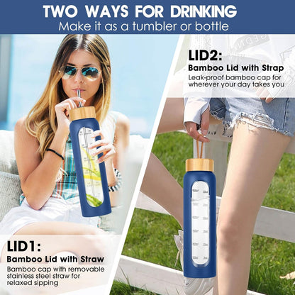 SipZest 32 oz Glass Water Bottle with Straw - Motivational Time Marker & Silicone Sleeve - Reusable Tumbler Includes 2 Bamboo Lids & Fruit Infuser - 1 Pack