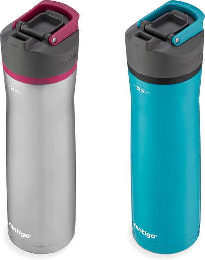 Contigo Cortland Chill 2.0 Vacuum-Insulated Stainless Steel Water Bottle, Spill-Proof Sip Technology, Interchangeable Lid, 24oz, Steel/Licorice, Perfect for Fitness Travel Everyday Use