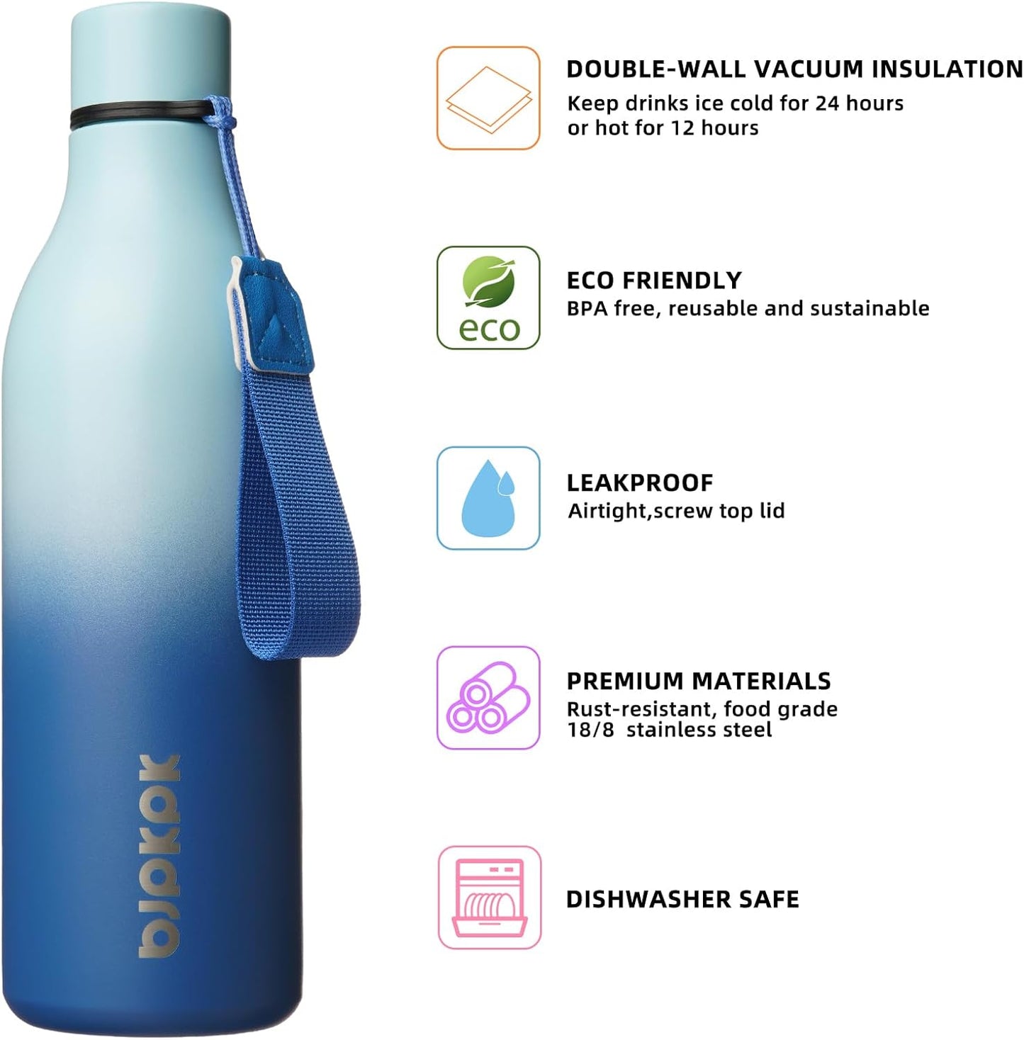 BJPKPK Insulated Water Bottles, 18 oz Stainless Steel Metal Water Bottle with Strap, BPA Free Leak Proof Jugs, Mugs, Flasks, Reusable Thermal Flasks for Sports & Travel, Black - Colors B