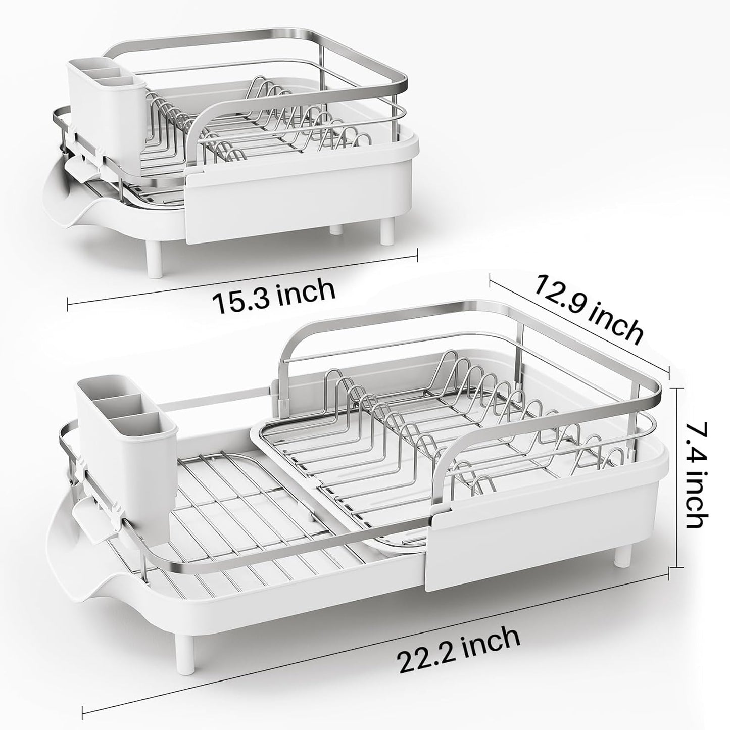SAYZH Dish Drying Rack - Expandable Dish Rack for Kitchen Counter, Rust-Resistant Dish Drainer with Utensil Holder and Raised Guardrail, Kitchen Organizer for Cup and Bottle (Black)