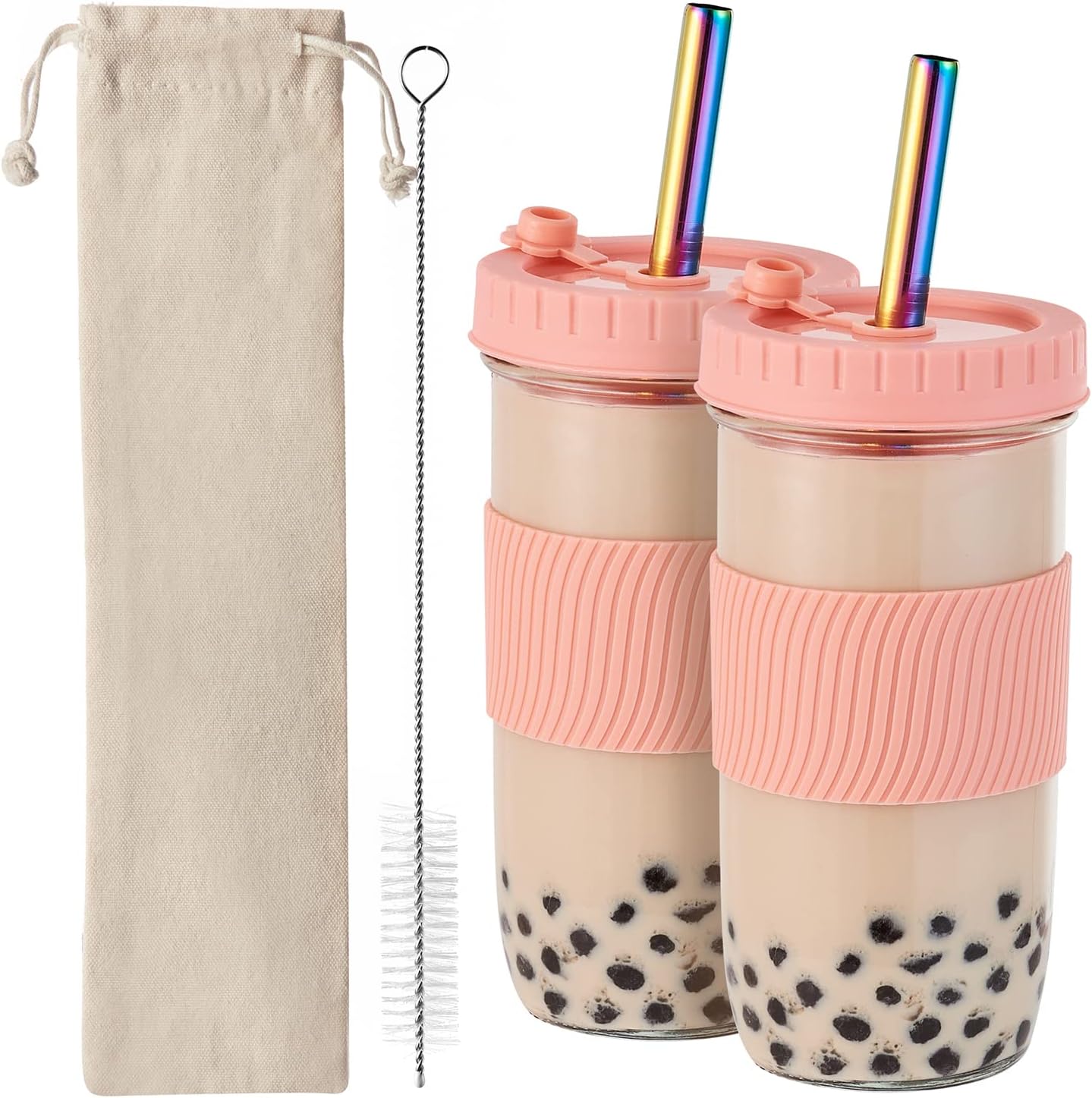 Amyoole 2 Pack Reusable Boba Cup, 24Oz Wide Mouth Smoothie Cup,mason Jar Glass Cups with Lids and Straws,Bubble/Boba Tea Cups,Ice Coffee Tumbler 2 colored straws 1 sponge brush(Pink)