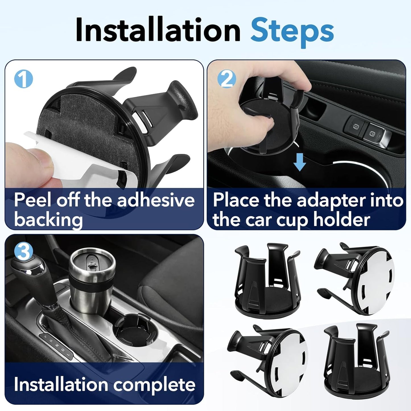 4PCS Car Cup Holder Insert, Self-Adhesive Expanding Cup Holder Inserts for Car, Automotive Black Cup Holder Adapter with Clamp Arms for Fixing Water Bottles and Drinks