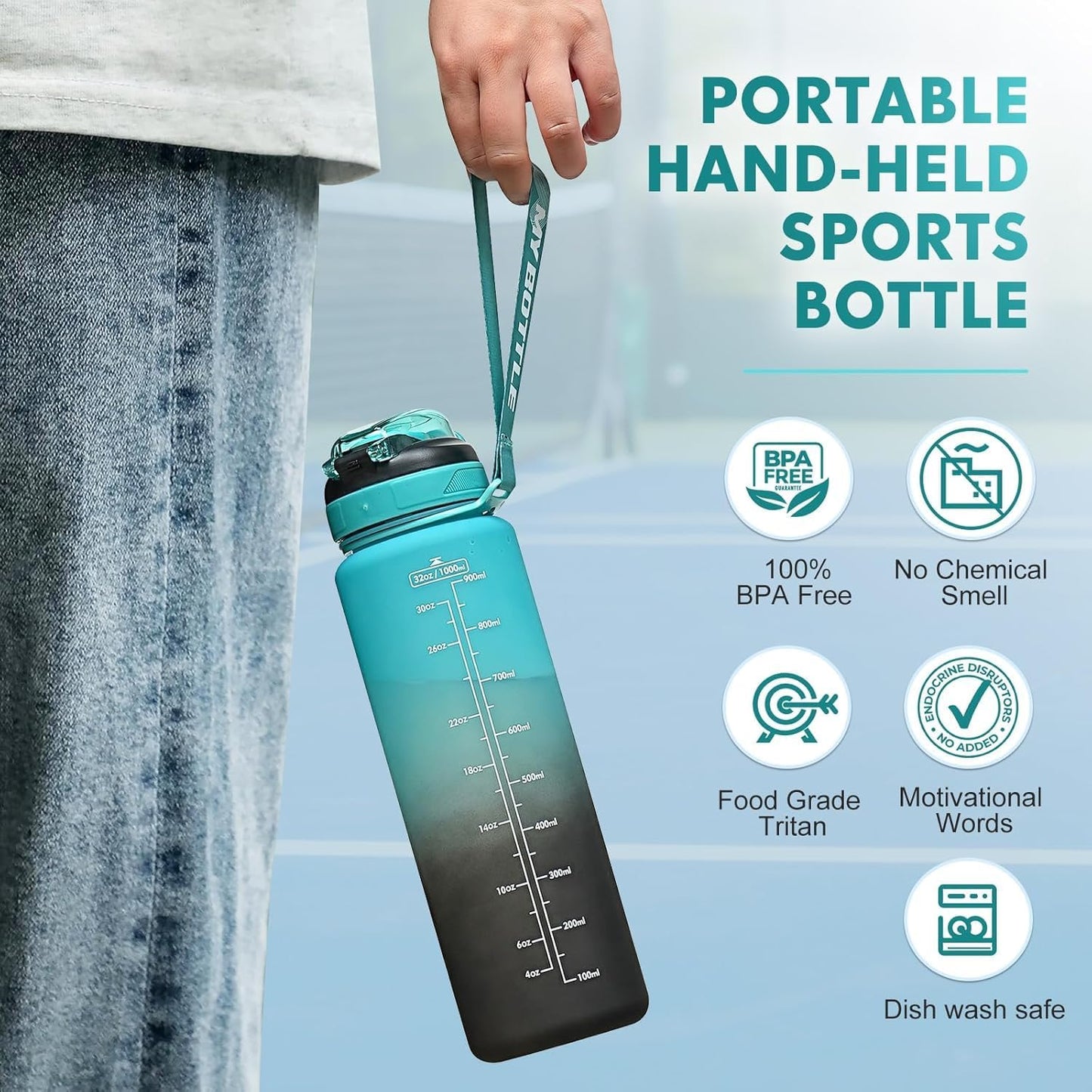 Water Bottle with Straw 1L,Boys Water Bottles with Straw 1 Litre,Waterbottle Leak-Proof Sports Water Bottle,Plastic Drinks Bottles Toxin Free，Bpa-Free (Cyan Black)