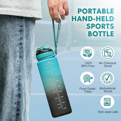 Water Bottle with Straw 1L,Boys Water Bottles with Straw 1 Litre,Waterbottle Leak-Proof Sports Water Bottle,Plastic Drinks Bottles Toxin Free，Bpa-Free (Cyan Black)