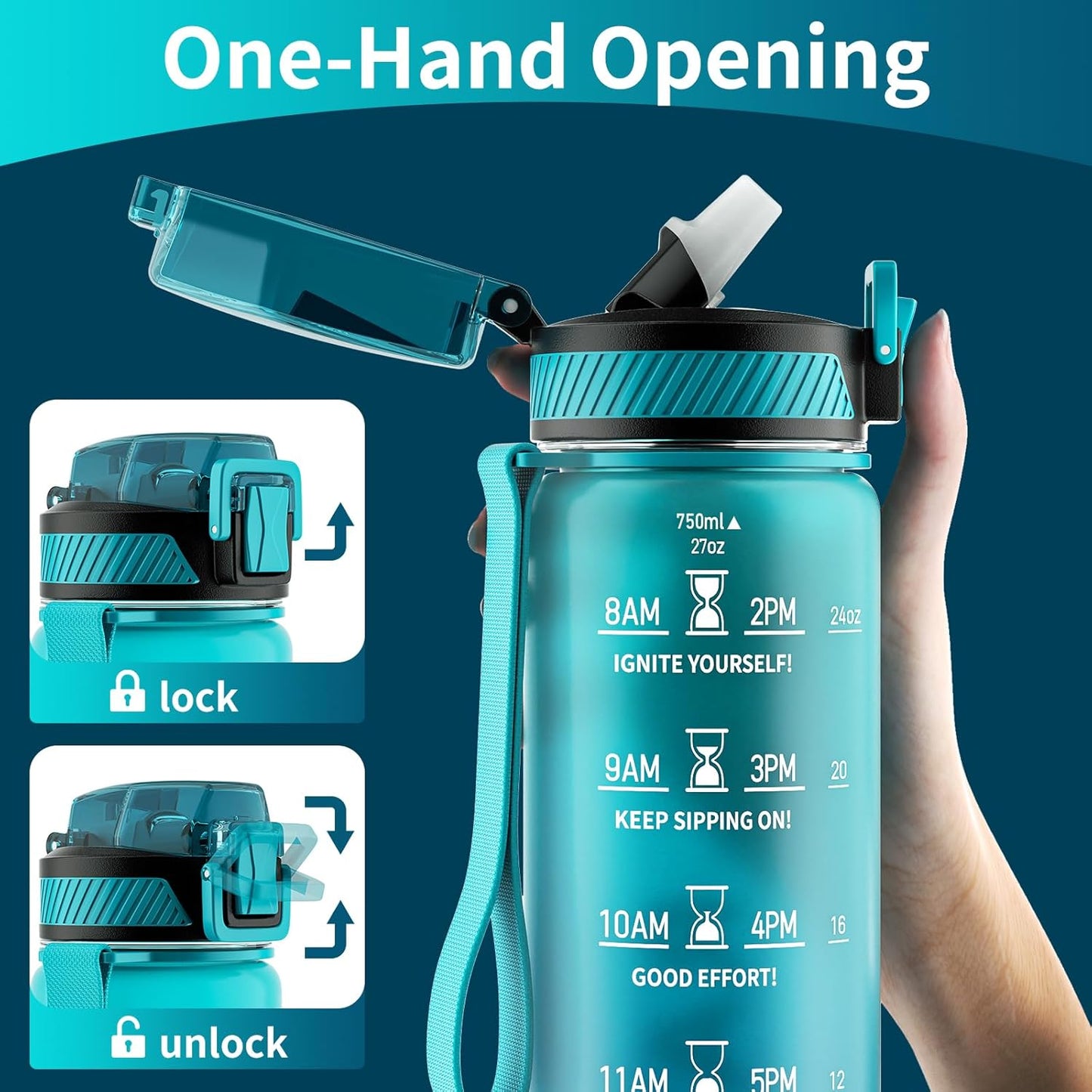 QLUR Water Bottle with Straw, 32oz Motivational Water Bottles with Time Marker to Drink, Tritan BPA Free, 1L Sports Water Bottle with Carry Strap LeakProof for Women Gym Fitness Outdoor (1 Pack)