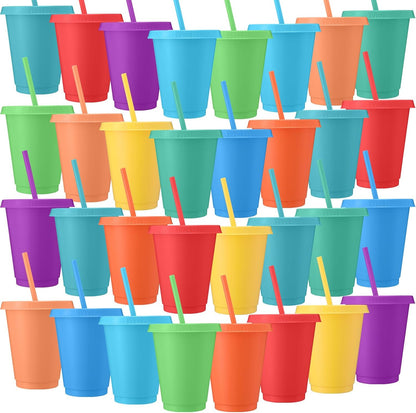 Sieral 30 Pack Cups with Lids and Straws Kids Tumbler with Straw Reusable Water Bottle Iced Coffee Travel Mug Adults Plastic Cups for Parties 16 oz (Candy Colors)