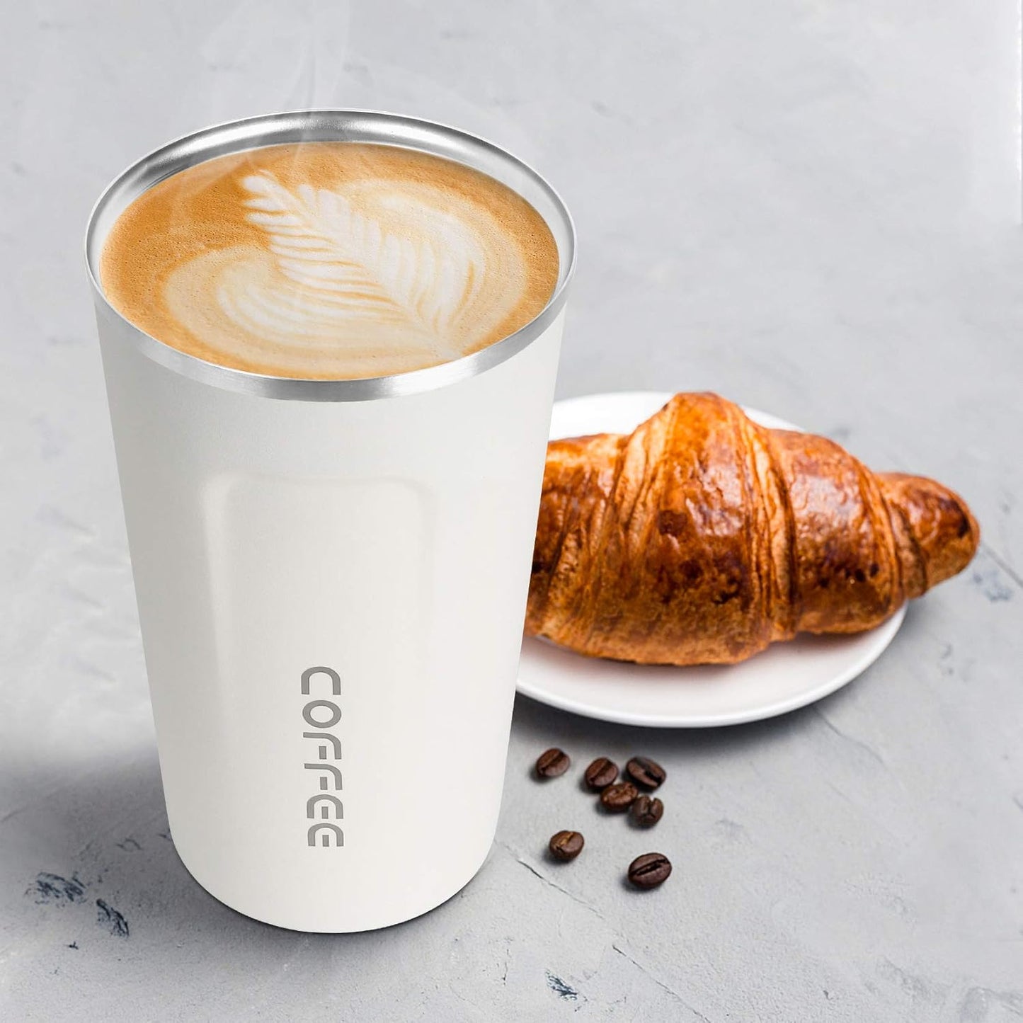 17oz (510ml) Vacuum Insulated Coffee Travel Mug, Leak proof Double Wall Stainless Steel Reusable Cup with Lid, Thermal Tumbler for Hot and Cold Drinks, Matte Texture White