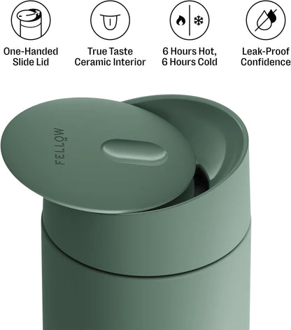 Fellow 16 oz Carter Slide Ceramic Lined Coffee Travel Mug – One-Handed Slide Lid, Vacuum Insulated Stainless Steel, Leak-Proof, Hot 6 Hours Cold 6 Hours, BPA-Free, Dishwasher Safe, Hazy Blue