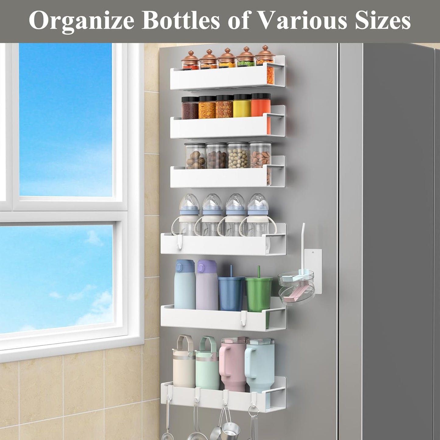 HuggieGems Magnetic Water Bottle Holder for Refrigerator, Cup Holder Organizer for Stanley and Tumbler for Kitchen, 4 Pack, Black