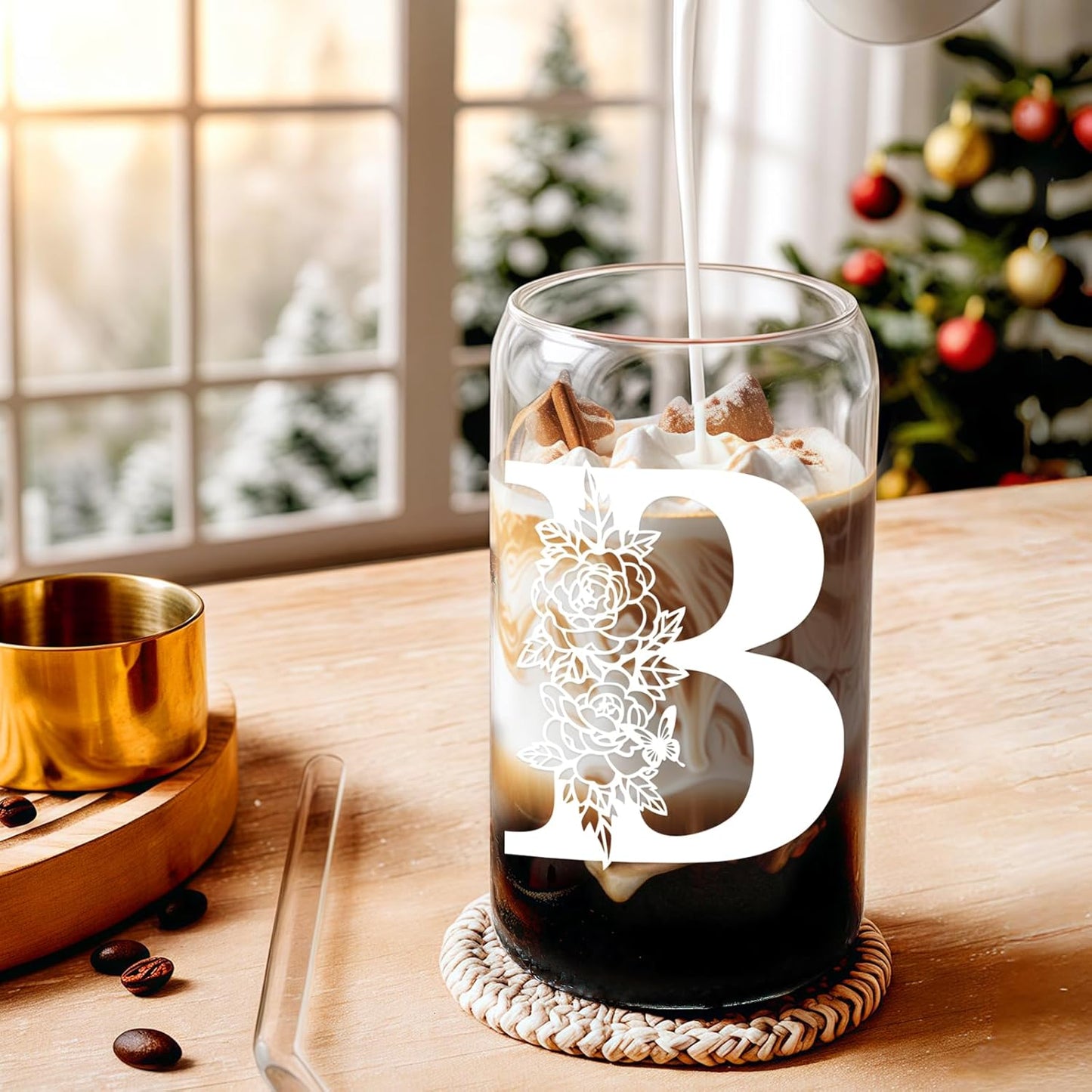 Glass Cups with Lids and Straws: Personalized Initial Glass Cup Be Used As Reusable Iced Coffee Cups with Lids,Cute Matcha Tumbler - The Christmas/Birthday Gifts for Women - M Smoothie Cup