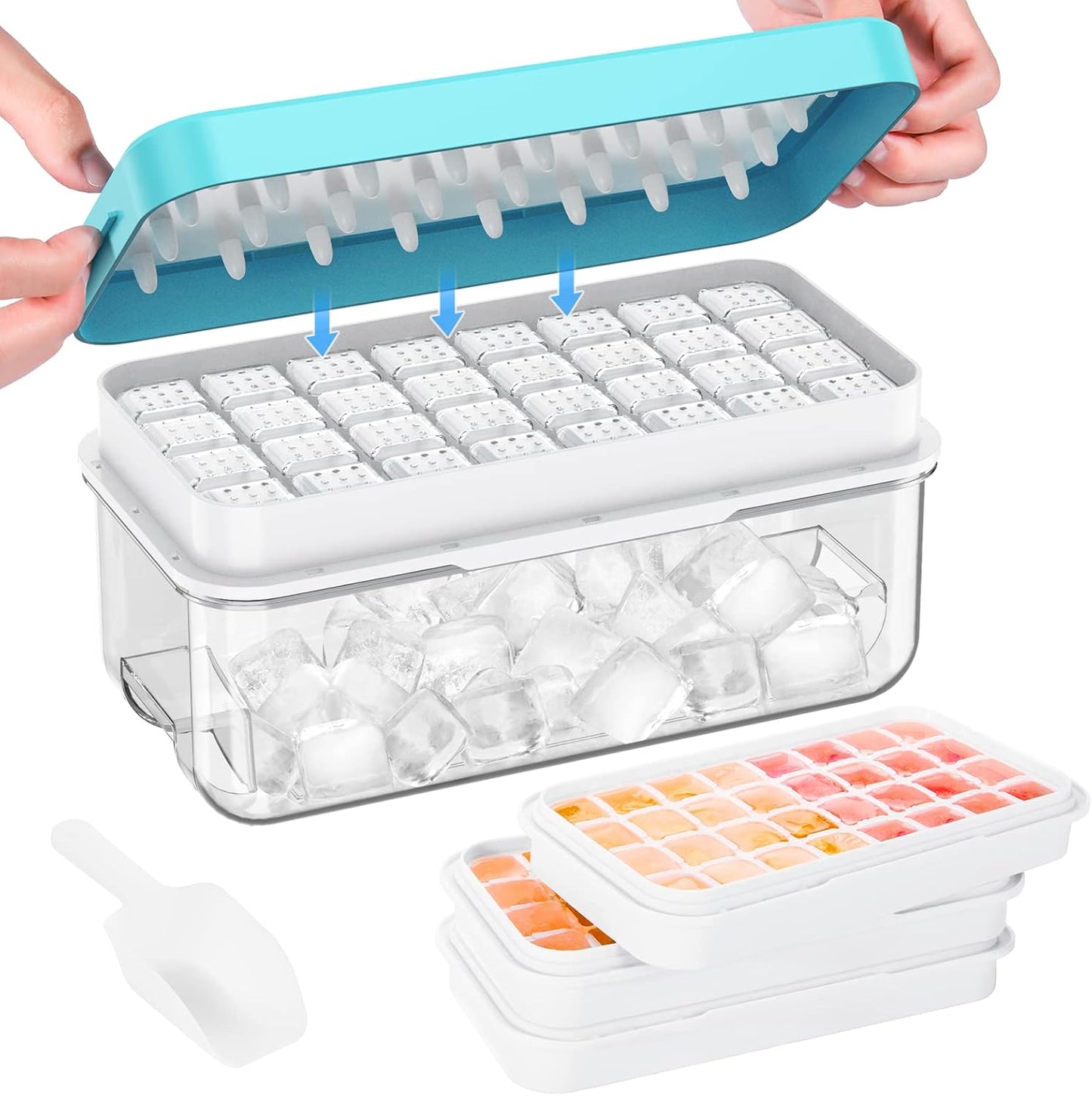 Ice Cube Tray with Lid and Bin, PHINOX 56 pcs Ice Trays for Freezer, Ice Cube Trays for Freezer with 2 trays, Container, Lid & Ice Scoop, BPA Free