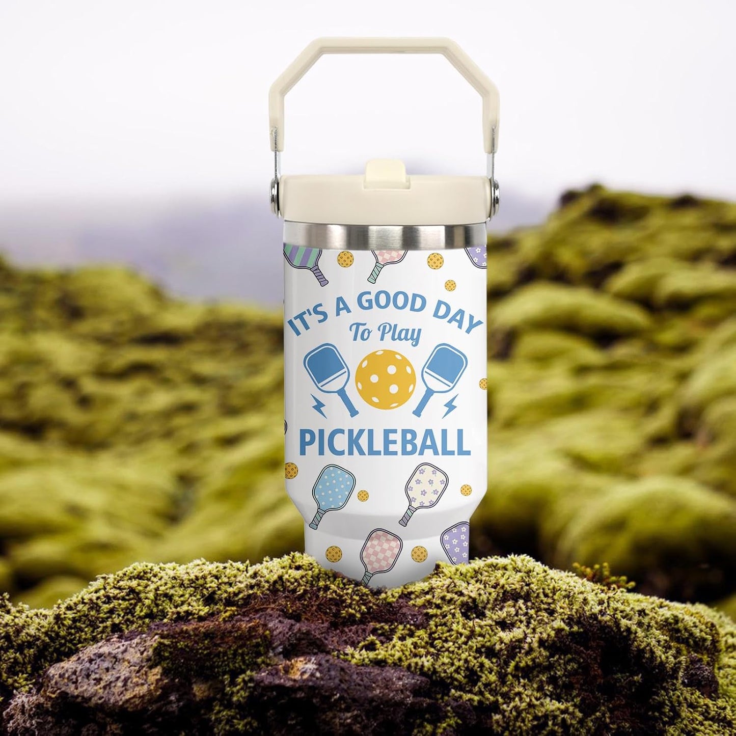 30 oz Tumbler with Handle Flip Straw Leak Proof - Pickleball Mug 30oz Tumbler Travel Coffee Mug with Handle - Birthday Gifts for Women Pickleball Lovers Players 30 Ounce Stainless Steel Cup