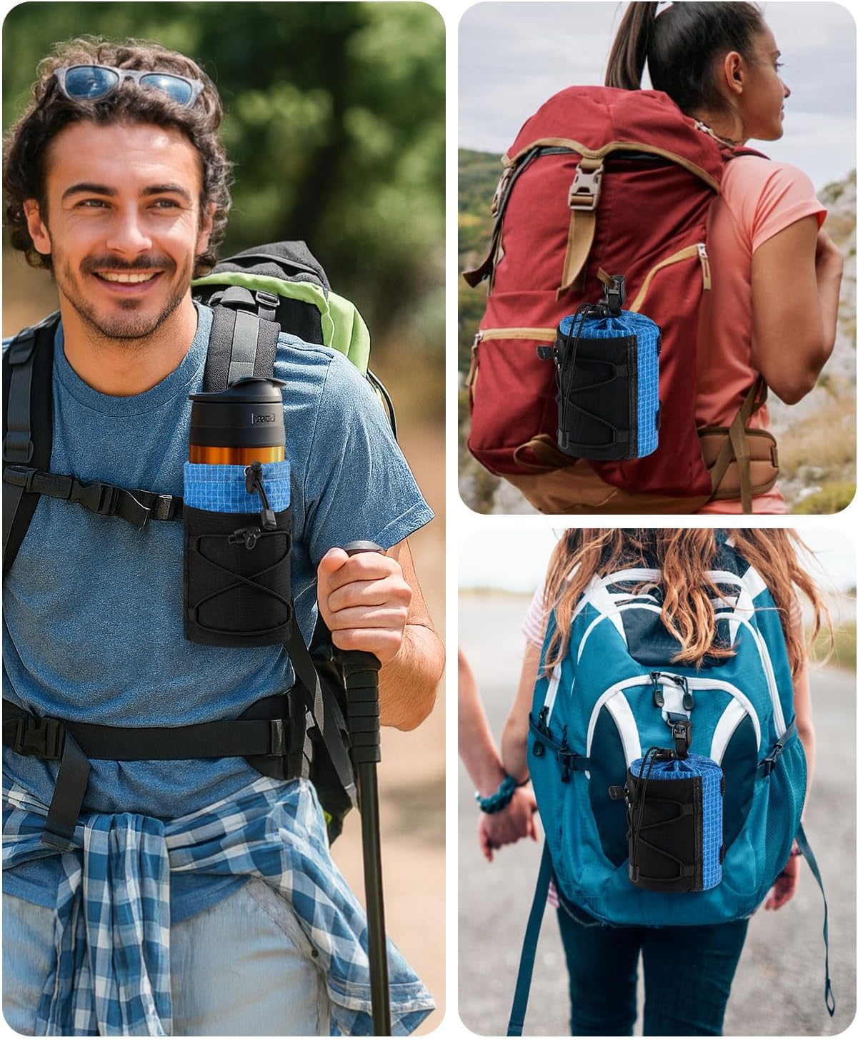 Water Bottle Holder Pouch with Hook Buckle, Backpack Water Bottle Holder Mesh Bag Carrier Fits for 8-24oz Bottles for Hiking, Running, Travel, Outdoor Backpack Accessories & Attachments