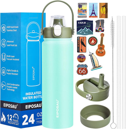 Insulated Water Bottle with Lid & Boot & Stickers, 24 oz Stainless Steel Sweat Free Bottle Keep Cold 24H, BPA-Free Sports Wide Mouth Water Bottle, BlueBlack
