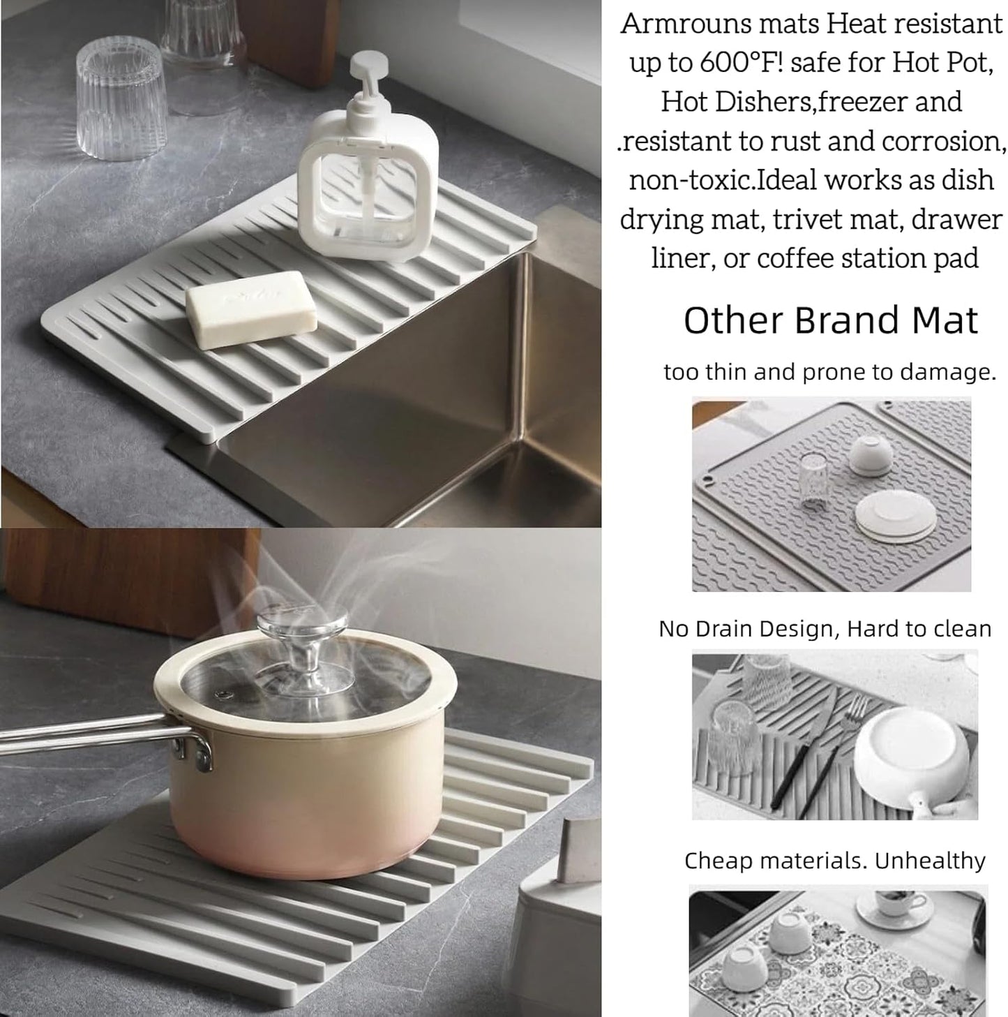 Silicone Dish Drying Mat for Kitchen Counter Non-Slip Drain Pad with Built-in Sloped Drain, Heat Resistant Drying Pad 14.5" x 8" (Grey)