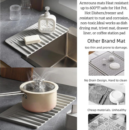 Silicone Dish Drying Mat for Kitchen Counter Non-Slip Drain Pad with Built-in Sloped Drain, Heat Resistant Drying Pad 14.5" x 8" (Grey)