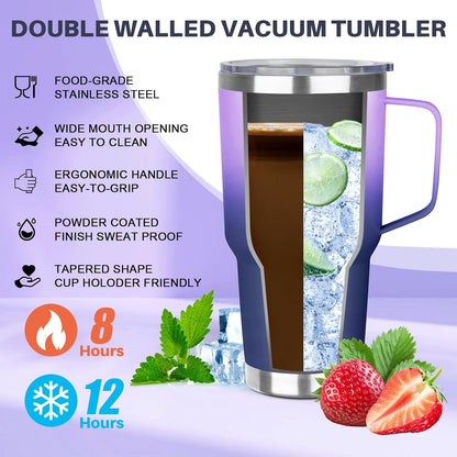 40 oz Tumbler with Handle, Insulated Tumbler with Lid and Straw, Reusable Stainless Steel Vacuum Insulated Cup, 100% Leak Proof Thermal Travel Coffee Mug Cup for Cold and Hot (Light Purple)