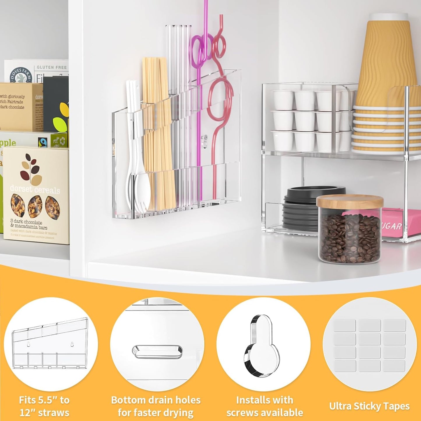 Acrylic Straw Holder for Cabinet - 9.5 Inch Clear Reusable Straw Organizer Dispenser with Ultra Sticky Adhesive Tapes, Slanted Kitchen Accessories Container Cupboard Door Mounted