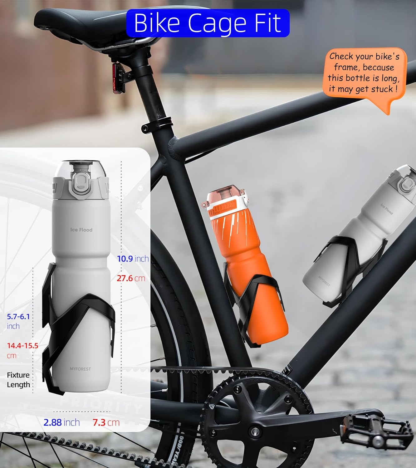 MYFOREST 24oz/700ml Insulated Bike Water Bottle, Odor-Free Surgical Steel Liner, Stronger Grip for Rough Trails, Quick-Open Chug/Straw 2-in-1, Dirt Cap (Glossy Steel)