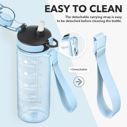 Enerbone Water Bottle, Leakproof BPA & Toxic Free, Motivational Water Bottle with Times to Drink and Straw, Fitness Sports Water Bottle with Strap for Office, Gym, Outdoor Sports