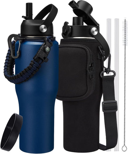 Insulated Water Bottle 40 oz - Fits in any Car Cup Holder, Keep Cold 48H Hot 24H, Stainless Steel Waterbottle Double Wall Flask with Straw, Pop-up Spout Lid, Paracord Handle, Carrier Bag