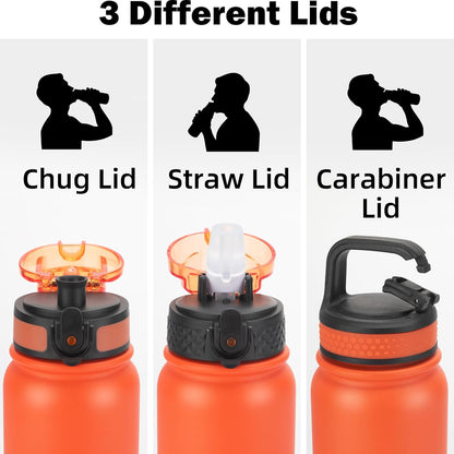 Oldley Insulated Water Bottle 20oz for Adults Kids Stainless Steel Water Bottles with Straw/Chug/Carabiner 3 Lids Fruit Strainer Double Wall Vacuum Wide Mouth BPA Free Leak-Proof for School Travel