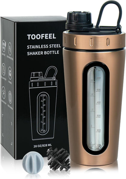 TOOFEEL Shaker Bottles for Protein Mixes 28 oz Stainless Steel Protein Shaker with 2 Mixing Ball, Not Stays Cold/Hot, Visible Window Metal Shaker Cups, Leakproof, BPA Free Bottle Shaker