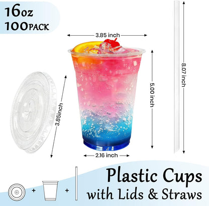 25 Pack 16 oz Clear Plastic Cups with Lids and Straws, Leak-Proof Disposable Iced Coffee Cups, BPA-Free PET Cold Drink Tumblers for Smoothie, Tea and Juice, Crystal Clear To Go Cups