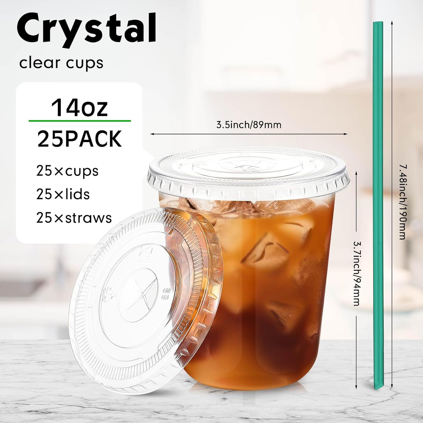 Baderke 25 Set Plastic Cups with Lids and Straws, Disposable Plastic Iced Coffee Cup for Cold Beverage Juice Smoothie Crystal for Coffee Shops Party Catering(Clear,16 oz)