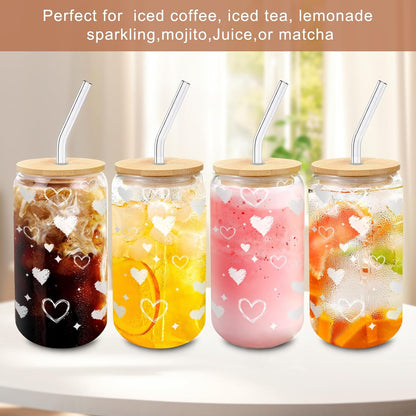 Glass Cups with Lids and Straws 1Pack,Glass Coffee Cups,Glass Cup with Lid for Iced Coffee,Smoothie,Cocktail,Beer,Whiskey,Soda,Matcha,16 Oz Glass Cup with Bamboo Lid,1 Brush