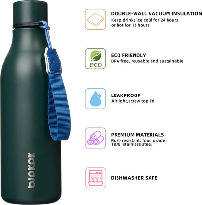 BJPKPK Insulated Water Bottles, 18 oz Stainless Steel Metal Water Bottle with Strap, BPA Free Leak Proof Jugs, Mugs, Flasks, Reusable Thermal Flasks for Sports & Travel, Black - Colors A
