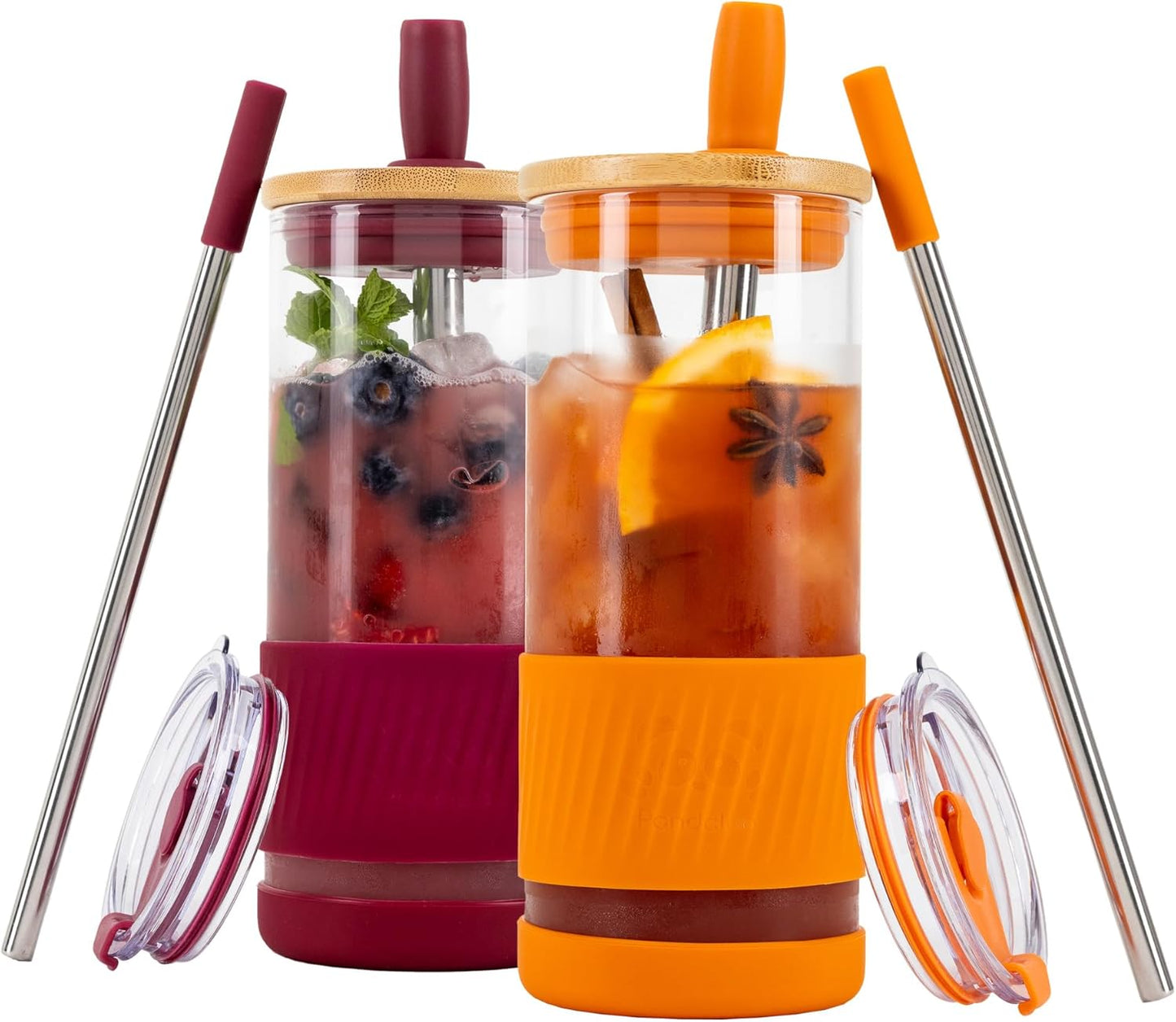 Pandaloo® Glass Cups With Lids and Straws -20 Fl Oz- Perfect Size Iced Coffee Cup - Smoothie Cup With Bamboo Lid and On the go Lid - Glass Tumbler With Straw (1 Count (Pack of 1), Lilac Rhapsody)