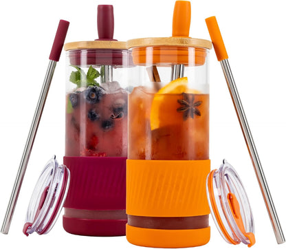 Pandaloo® Glass Cups With Lids and Straws -20 Fl Oz- Perfect Size Iced Coffee Cup - Smoothie Cup With Bamboo Lid and On the go Lid - Glass Tumbler With Straw (1 Count (Pack of 1), Lilac Rhapsody)