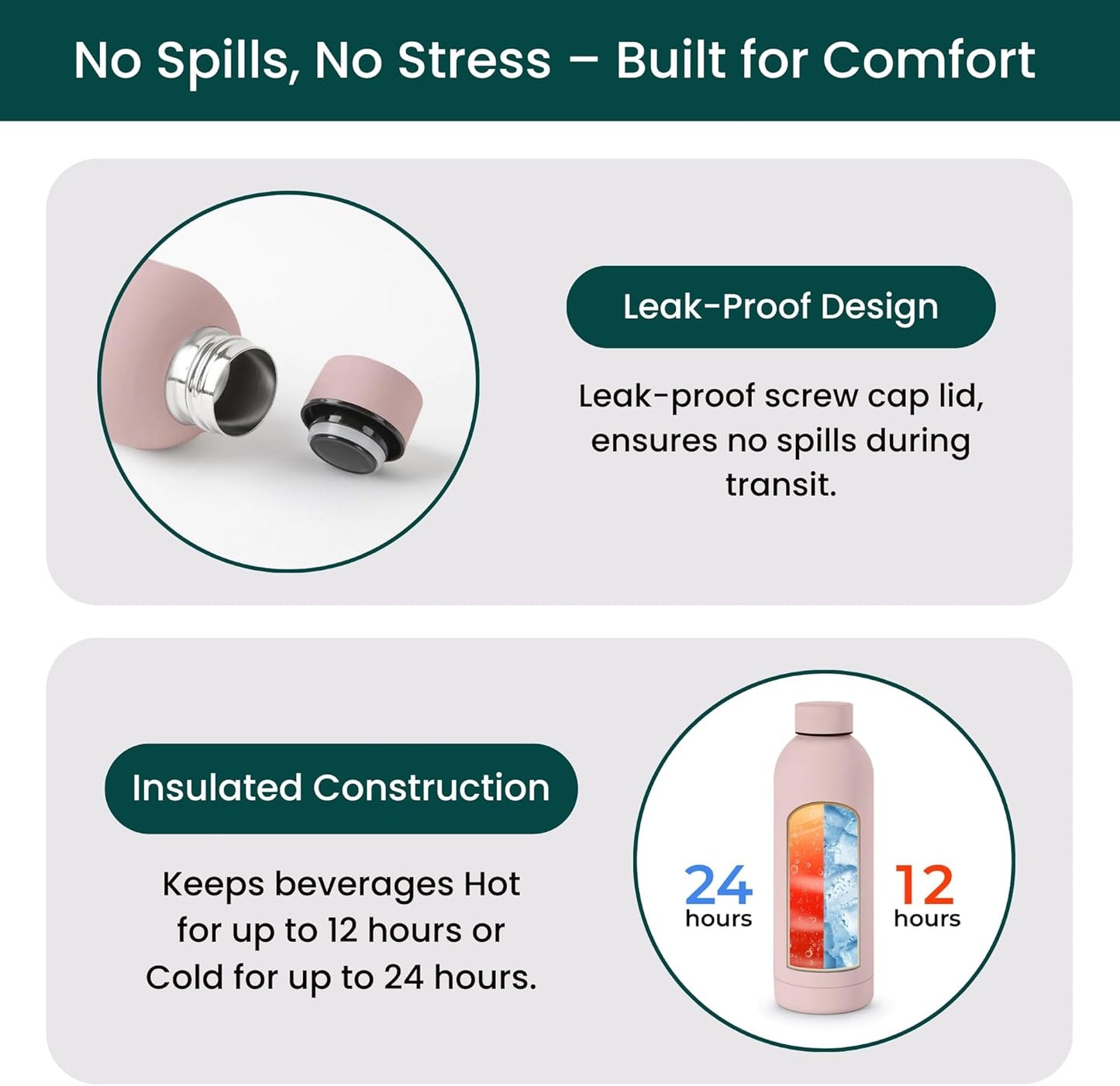 NOBL Stainless Steel Water Bottle,17 oz, 500 ml, Double Wall Vacuum Insulation, Sealed Bottle Keeps Drinks Cold 24 Hrs & Hot 12 Hrs, Leak Proof, Fits Noble Carry-On Cup Holder - Sand