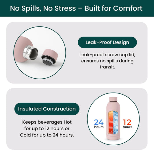 NOBL Stainless Steel Water Bottle,17 oz, 500 ml, Double Wall Vacuum Insulation, Sealed Bottle Keeps Drinks Cold 24 Hrs & Hot 12 Hrs, Leak Proof, Fits Noble Carry-On Cup Holder - Sand