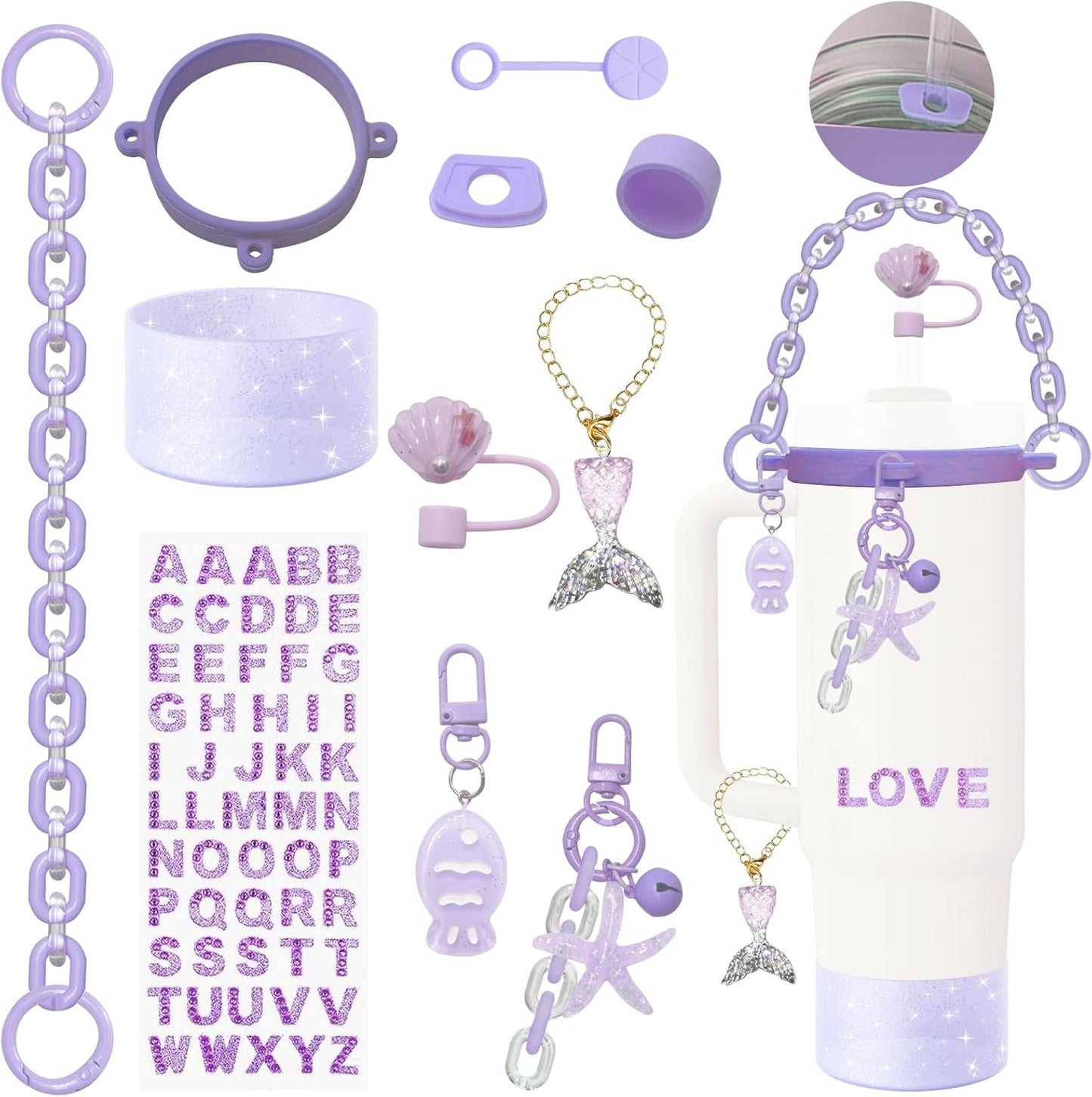 Accessories Set for Stanley Cup,Water Bottle Handle Strap,Straw Topper,Silicone Cover Cap and Boot,Keychain Charms,Handle Charms,Initials Sticker for Stanley Tumbler 40oz/30oz(Purple Ocean)