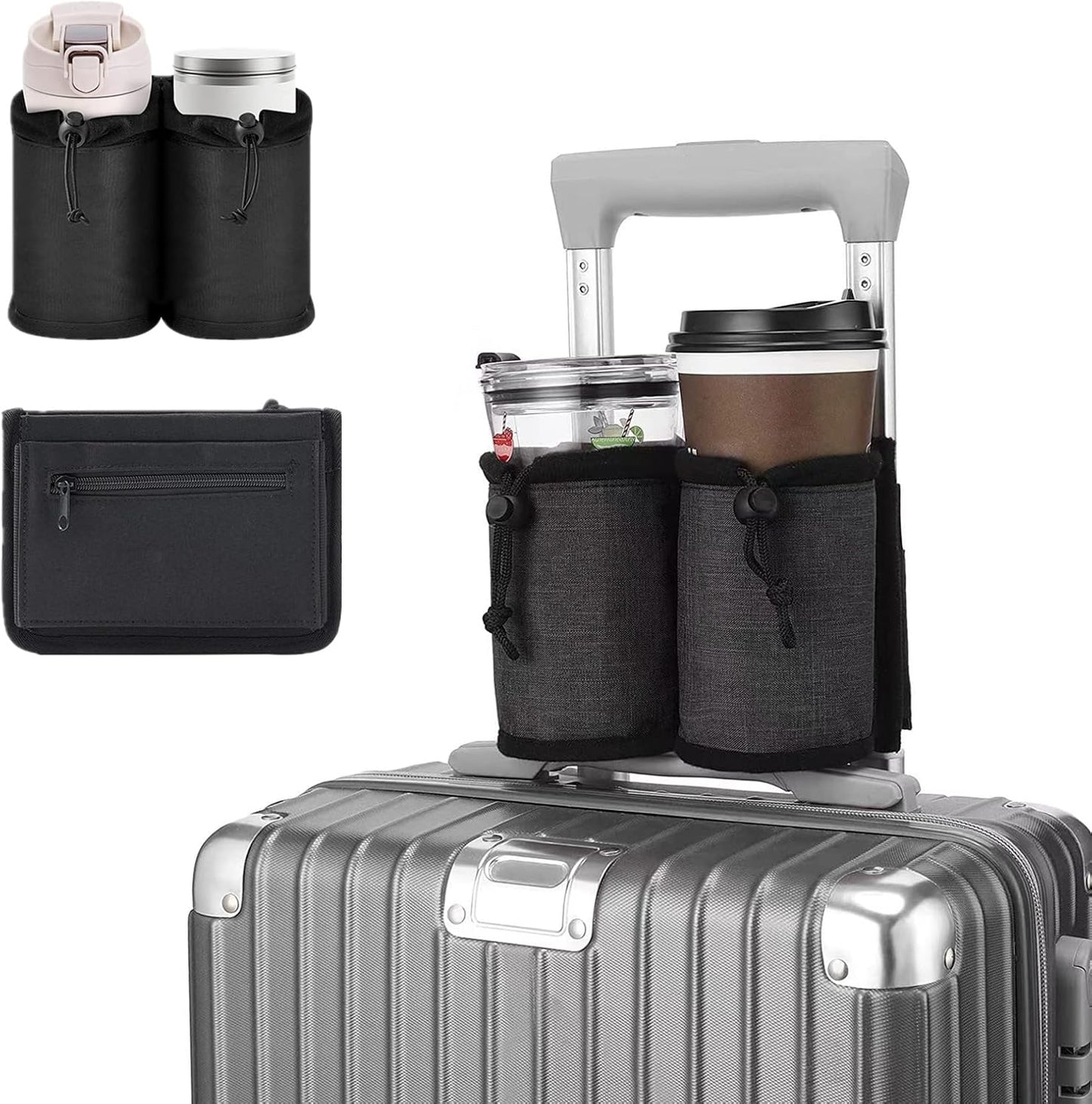 Luggage Cup Holder for Suitcases,Travel Must Haves,Free Hand Drinks Carrier Coffee Mugs Holder,Universal Luggage Accessories for Flight Attendants,Business Travelers Travel Essential - Black