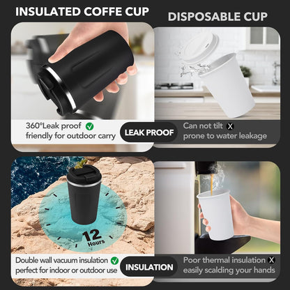 Volhoply 12 oz Double Wall Insulated Vacuum Travel Coffee Mugs with Flip Lid Bulk 2 Pack,Reusable Stainless Steel Leak Proof Coffee Cup,Portable Cafe Thermal Tumbler for Hot & Cold Drinks(Mix,2 Set)