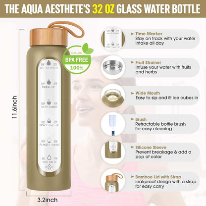 Aqulea Glass Water Bottles 25 Oz with Silicone Sleeve - BPA Free Reusable Wide Mouth Glass Motivational Water Bottles with Fruit Infuser – Leak Proof Borosilicate Water Bottle with Time Marker (White)