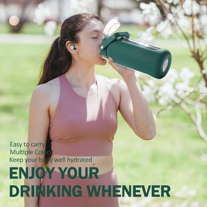 64oz Glass Water Bottles with Straw, Half Gallon Motivational Glass Bottle with Silicone Sleeve and Time Marker, 2L Leakproof Large Glass Water Jug for Gym Home Office,olive