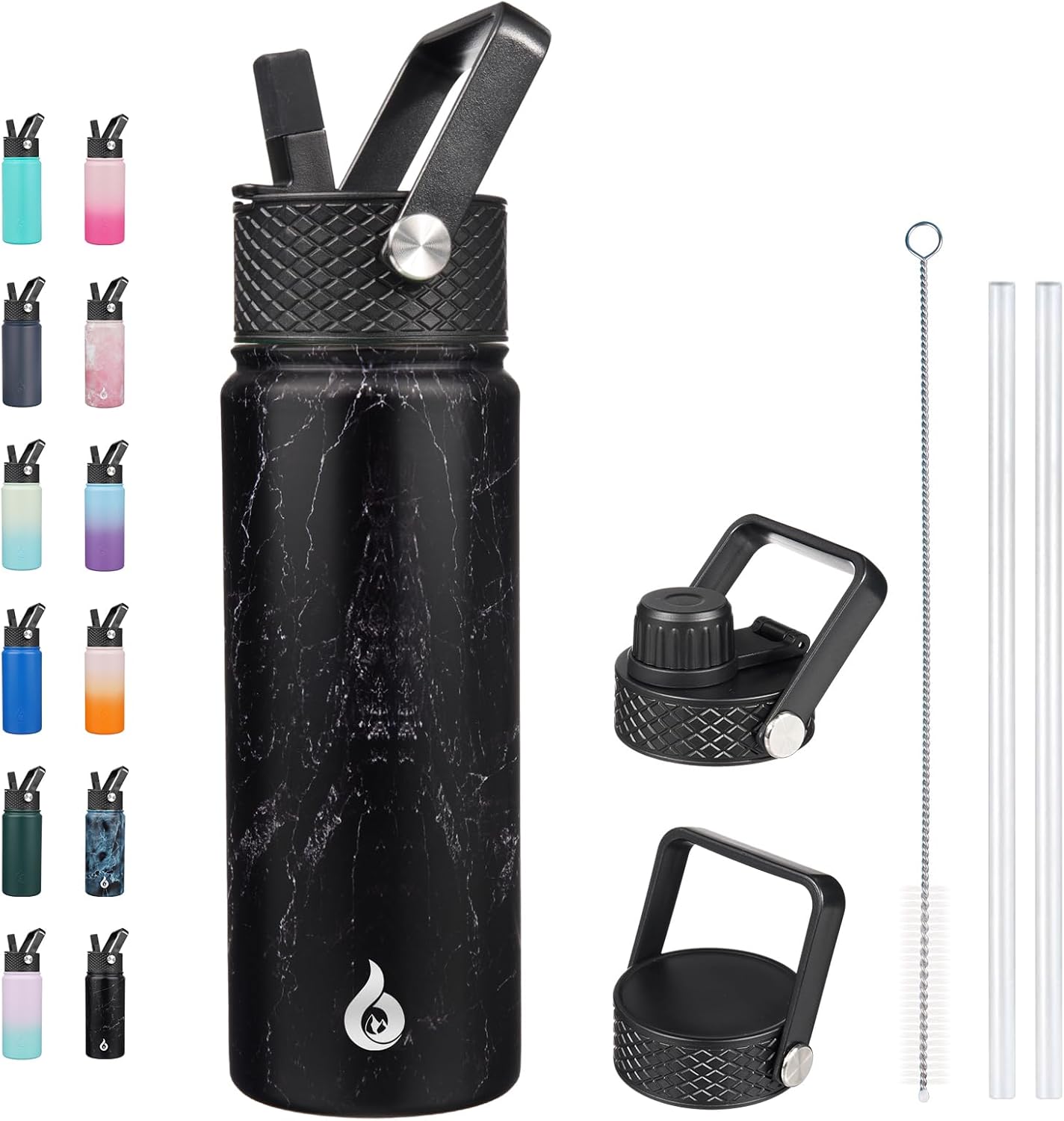 BJPKPK Insulated Water Bottles with Straw Lid, 40oz Stainless Steel Water Bottles with 3 Lids, BPA Free Leakproof Thermo, Tumblers, Cups for Sports, Gym- Midnight - Colors A