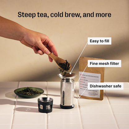 Fellow Carter Tea + Cold Brew Infuser & Carter Move 16 oz Tumbler Set - Steep Tea On-The-Go - Vacuum-Insulated Stainless Steel Travel Mug w/Snap-In Infuser For Steeping, Cold Brew, Stone Blue