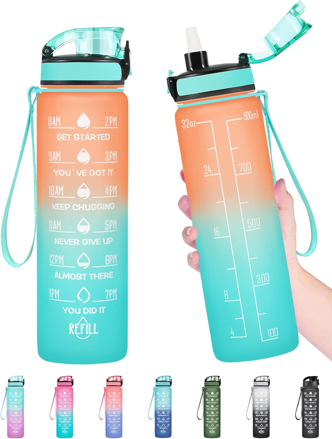 Enerbone Water Bottle, Leakproof BPA & Toxic Free, Motivational Water Bottle with Times to Drink and Straw, Fitness Sports Water Bottle with Strap for Office, Gym, Outdoor Sports
