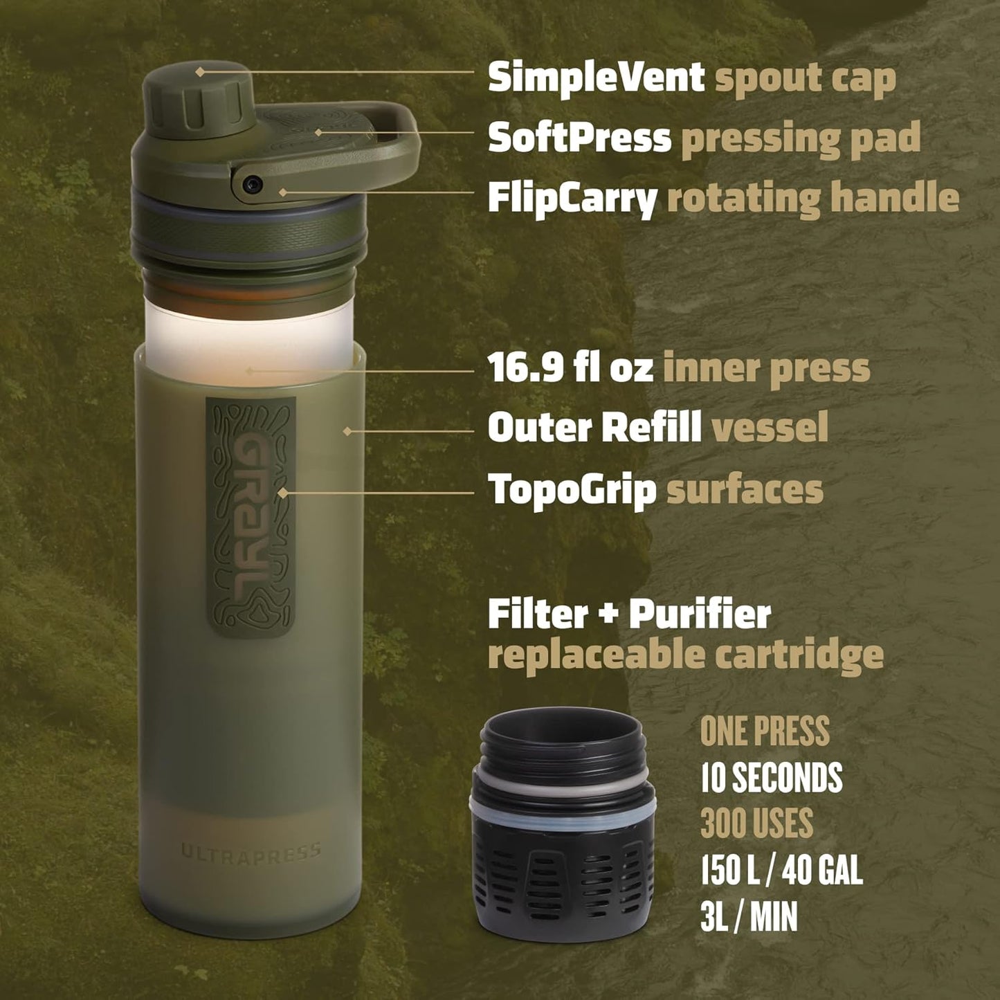 GRAYL UltraPress Water Purifier & Filter Bottle for Hiking, Backpacking, and Travel (Forest Blue)
