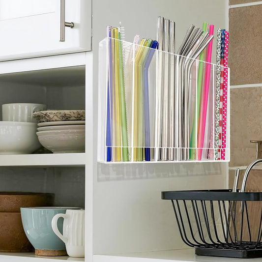 9.6” Large Acrylic Straw Holder for Cabinet Door - 6 compartments, easy to clean, Reusable Tumbler Straw Organizer Storage, Small Kitchen Accessories Container, Ultra Sticky Cupboard Door Mounted