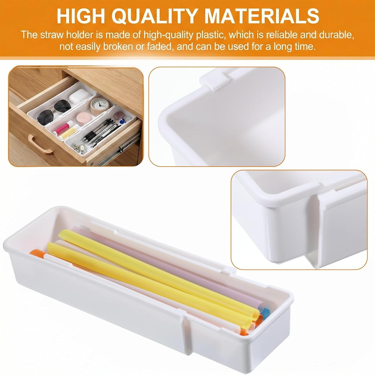 Straw Organizer Drawer Straw Holder Expandable Straws Storage for Cabinet Reusable Long Straws Drawers Organizer Fits for 60oz Long Kitchen Drawer Organizers for Utensils White