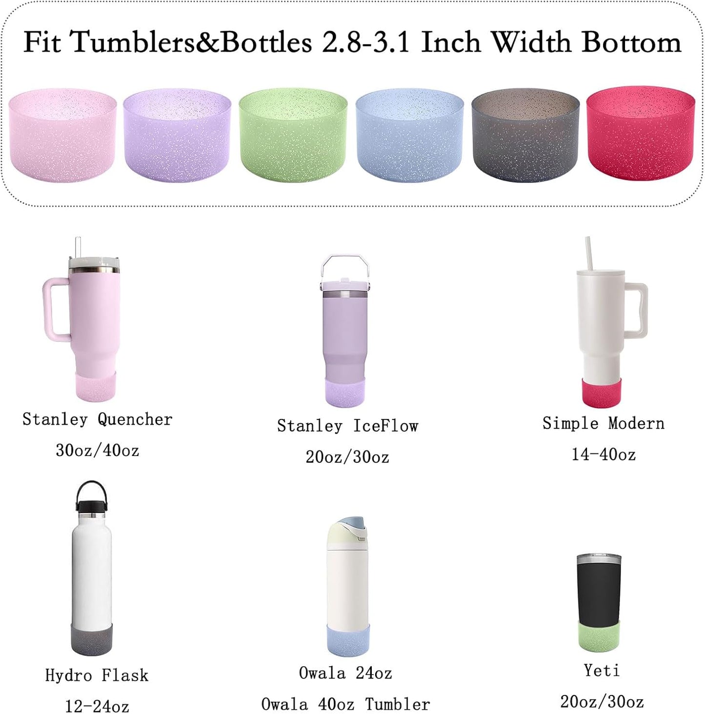 6Pcs Glitter Silicone Cup Boots for Water Bottle Fits Stanley/Owala/Hydro Flask/Simple Modern/Yeti, 2.8-3.1in Width Bottom Protector Cover Sleeve (6 Colors)