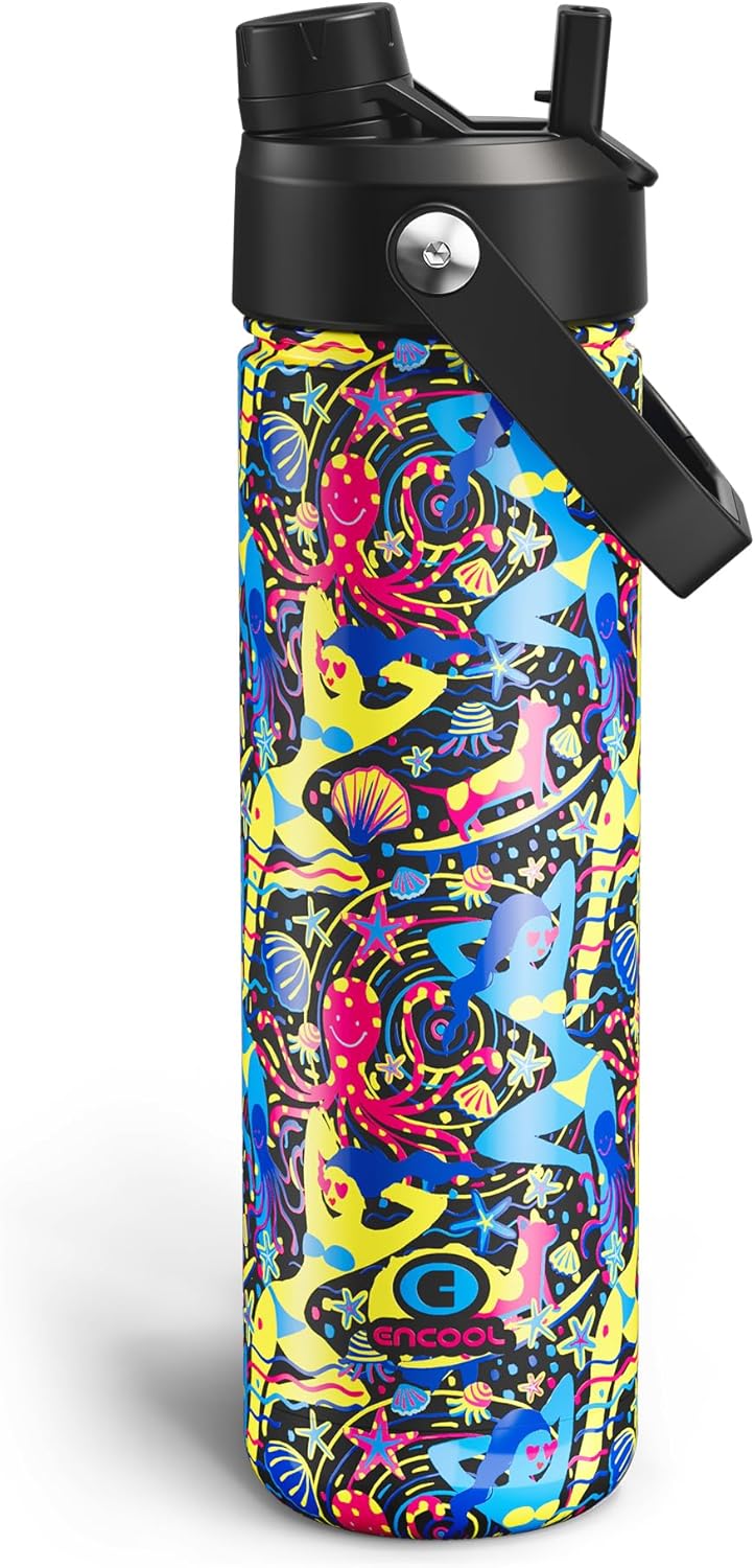 ENCOOL Insulated Water Bottle with Straw Stainless Steel Water Bottle, Leak-Proof, BPA-Free, Double Wall Vacuum Keeps Cold for 24 Hours for Sports, Travel, School (26 oz, Cotton Candy) - Colors D
